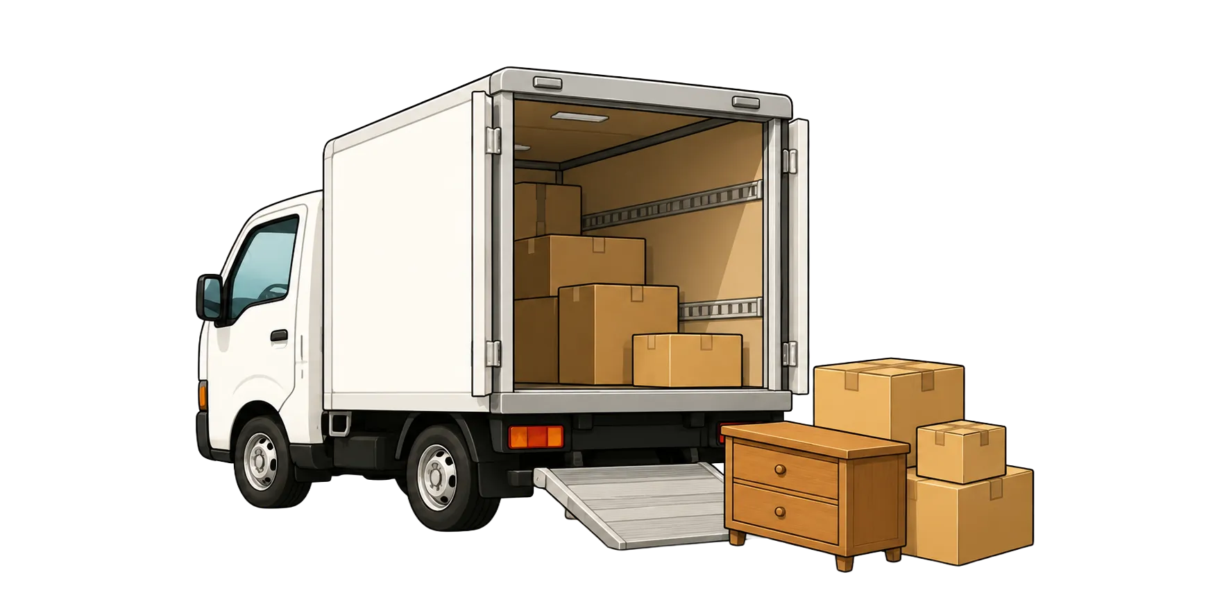 引越しトラックと荷物のイラスト